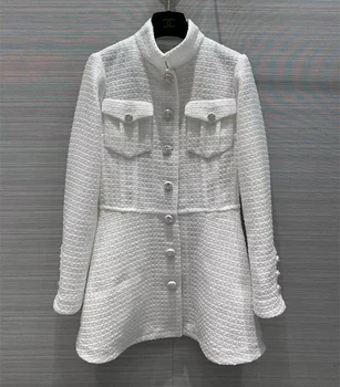 Европейская и американская женская одежда 2023 весна новое однобортное модное белое твидовое пальто с длинными рукавами и воротником-стойкой
