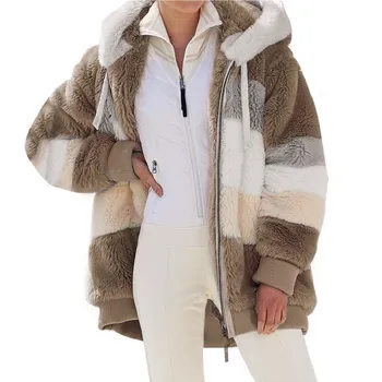 Женская одежда, Новое осенне-зимнее свободное полосатое плюшевое многоцветное пальто с капюшоном, повседневные свободные модные теплые топы на молнии