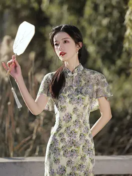 Женская праздничная мода Винтаж Ретро Цветочный принт Китайское традиционное платье Чонсам Тонкий Ципао с высоким разрезом