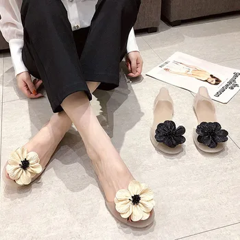Женские босоножки с открытым носком Модные летние туфли на плоской подошве в цветочек Прозрачные женские слипоны с открытым носком Новая женская офисная женская обувь