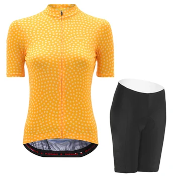 Женские желтые майки для велоспорта NWE с коротким рукавом и рисунком в горошек, велосипедная одежда, наборы для велосипедной одежды, гелевая прокладка