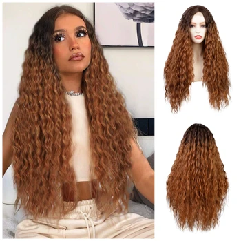 Женские парики с глубокими вьющимися передними кружевами Awahair, коричневый Синтетический парик с вьющимися передними кружевами, Волнистые Вьющиеся Длинные парики для косплея, натуральные повседневные волосы