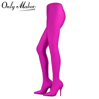 Женские розово-красные эластичные брюки-шпильки цвета фуксии, выше колена, эластичные тонкие колготки, Сексуальные сапоги-чулки