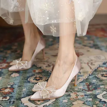 Женские туфли-лодочки с бантом, Элегантные женские туфли на высоком каблуке-шпильке, Шелковые офисные женские туфли, Вечерние туфли Для Невесты, Свадебные туфли 33-43