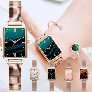 Женские часы Модные квадратные женские кварцевые часы с браслетом, зеленый циферблат, простая сетка из розового золота, роскошные женские часы