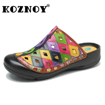 Женские шлепанцы Koznoy из натуральной кожи, роскошные дизайнерские летние туфли на плоской подошве в этническом стиле с принтом 3 см, для отдыха, Большие размеры, Женская разноцветная обувь