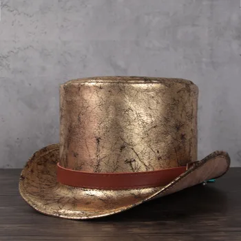 Женский Кожаный цилиндр 3 размера, мужская Фетровая шляпа, Волшебная Плоская кепка для косплея в стиле Стимпанк