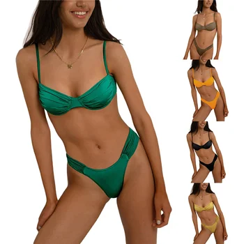 Женский купальник-бикини, однотонный плиссированный бюстгальтер без рукавов + шорты, трусы, купальники.