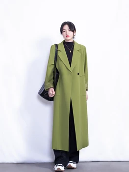 Женский сверхдлинный тренч, Зеленое пальто-костюм оверсайз