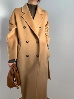 Женское осенне-зимнее 2023 Новое женское шерстяное пальто средней длины с гофрированной водой и двойной грудью, Кашемировое пальто