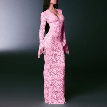 Женское прозрачное макси-платье с длинным рукавом, Женское Длинное платье Элегантного стиля, Прозрачное, однотонное, с глубоким V-образным вырезом, Одежда для коктейлей и вечеринок