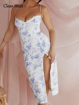 Женское шифоновое богемное платье Миди с разрезом с цветочным принтом, Летнее Новое женское сексуальное платье с открытой спиной, длинное платье 2023