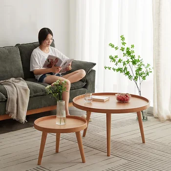 Журнальные столики из массива дерева в скандинавском ретро-стиле, креативные круглые Маленькие приставные столики В японском стиле для маленькой квартиры, мебель для гостиной