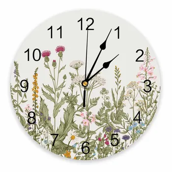 Завод Цветы Листья Ретро Декоративные Круглые настенные часы Дизайн с арабскими цифрами, не тикающие Спальни Ванная комната Большие настенные часы