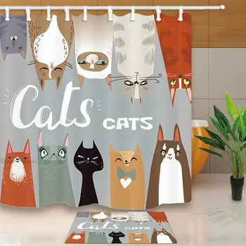 Занавеска для душа с забавными мультяшными кошками из полиэстеровой ткани для ванной комнаты и 12 крючков