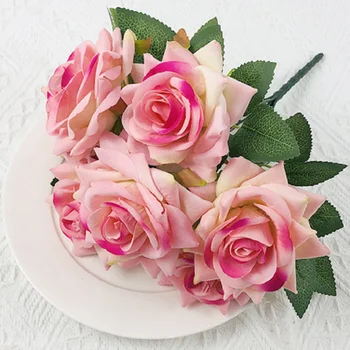 Искусственные цветы, бархатный букет розовых роз, декор для балкона, сада, имитация роз, искусственные цветы, свадебные украшения, зеленые растения