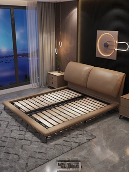 Итальянская легкая роскошная кровать из натуральной кожи современная простая кровать из массива дерева главная брачная кровать небольшая бытовая минималистская мебель