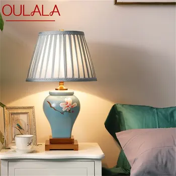 Керамические настольные лампы OULALA, синий роскошный латунный тканевый настольный светильник, домашний декор для гостиной, столовой, спальни