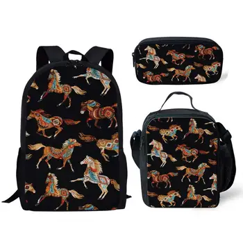 Классическая мода, забавные племенные цветные лошади, 3D принт, 3 шт./компл., школьные сумки для учеников, рюкзак для ноутбука, сумка для ланча, пенал