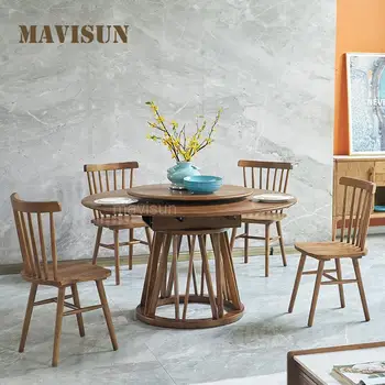 Классические наборы кухонных столов из массива дерева, 6 стульев, выдвижные круглые обеденные столы с поворотным столом для ужина, минималистичная мебель