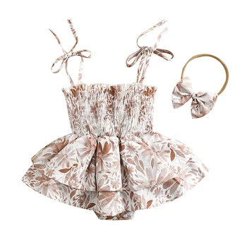 Комбинезон в стиле платья для новорожденных девочек, плиссированное боди без рукавов с цветочным принтом на завязках + милая повязка на голову с бантиком