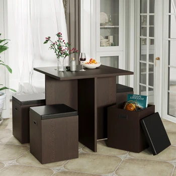 Компактный обеденный стол из 5 предметов с пуфиками Для хранения, Компактный Кухонный Обеденный стол с Квадратным столом для небольших помещений
