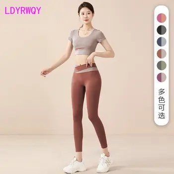 Комплект Топ для фитнеса телесного цвета с коротким рукавом, обтягивающие быстросохнущие брюки с высокой талией, женские летние