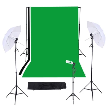 Комплект Тройного Освещения для Фото/Видеостудии с Черно-Белыми Зелеными Муслиновыми Фонами размером 10 футов * 12 футов и Системой Поддержки Фона