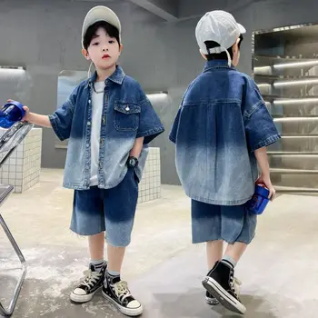 Комплекты модной одежды для маленьких мальчиков от 2 до 12 лет, весна-лето 2023, детский джинсовый костюм в корейском стиле, комплект из двух предметов, топ + брюки