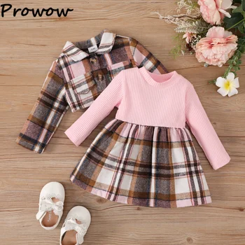 Комплекты осенней одежды Prowow для маленьких девочек длиной от 3 до 24 м, клетчатая куртка на пуговицах + розовое платье в рубчик в стиле пэчворк, комплекты одежды для новорожденных девочек