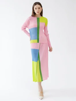 Комплекты плиссированных цветных юбок Miyake в стиле пэчворк, женские 2023, Новинка весны, Повседневные топы с длинными рукавами в стиле Koren, Дизайнерская одежда из двух частей