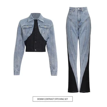 Корейская версия, комплект из двух предметов в нишевом стиле, новинка 2023 года, черно-белая короткая джинсовая рубашка в стиле пэчворк + прямые брюки с высокой талией