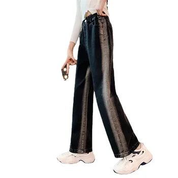 Корейские модные джинсы для девочек, Весенняя новинка, уличная одежда, джинсовые брюки с завязками, одежда для подростков, повседневные широкие брюки с эластичным поясом, от 4 до 14 лет