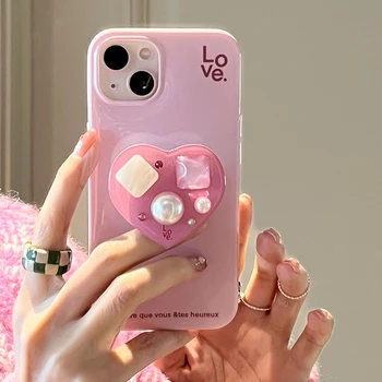 Корея Япония Розовый 3D драгоценный камень с сердечком-держателем Чехол для телефона для iphone 14 11 12 13 Pro Max Плюс милая подставка с надписью для девочек Мягкая задняя крышка