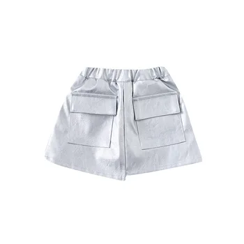 Короткая юбка для девочек 2023 Летняя новинка, красивая детская однотонная юбка-фанатка с простым темпераментом, Кожаная юбка для детей