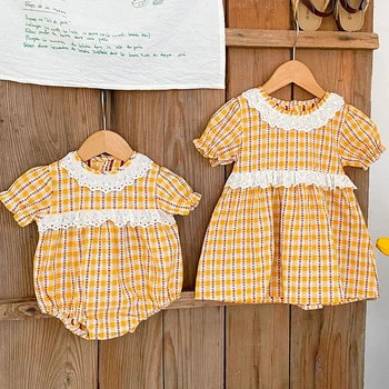 Кружевное платье сестры для новорожденных девочек, комбинезон с цветочным рисунком для новорожденных девочек, желтая одежда, летние комбинезоны принцессы для маленьких девочек