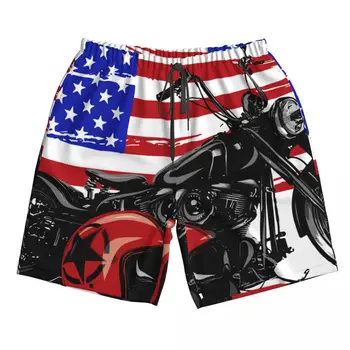 Купальник Мужской Лето 2023 Спортивные шорты Мужские пляжные спортивные Винтажный американский вертолет Мотоцикл с американским флагом