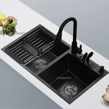 Кухонная раковина из нержавеющей стали 304, черная утолщенная раковина, набор для мытья посуды с двойной канавкой, кухонные раковины, черные раковины