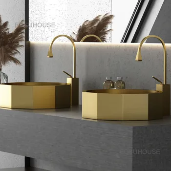 Легкие роскошные раковины для ванной комнаты из нержавеющей стали Гостиничная сантехника Золотая раковина для умывальника с одной раковиной бытовые раковины для балкона