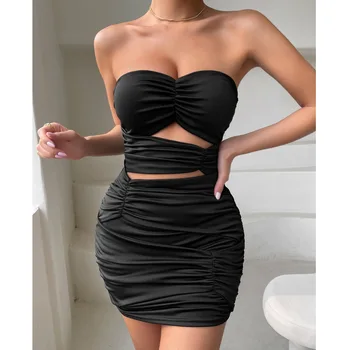 Летнее сексуальное платье без бретелек для ночного клуба для женщин, плиссированное облегающее платье с открытой спиной, 2023, Черное облегающее мини-платье для вечеринки