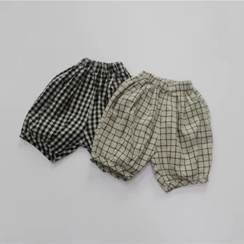 Летние детские льняные хлопчатобумажные клетчатые брюки длиной до икр для мальчиков и девочек, мягкие свободные брюки в виде тыквы