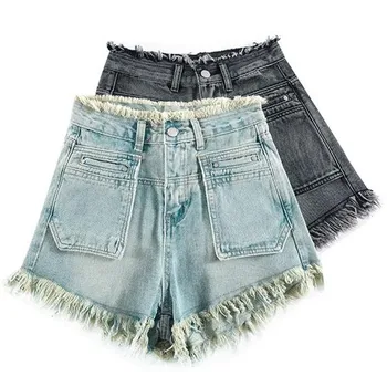 Летние модные женские джинсовые шорты 2023 с кисточками, Высокая талия, Множество карманов, широкие короткие джинсы