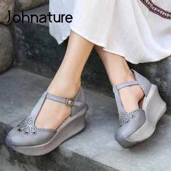 Летние сандалии Johnature в стиле ретро, Новинка 2022 года, женская обувь из натуральной кожи с пряжкой и ремешком, повседневные женские сандалии на танкетке ручной работы и платформе.