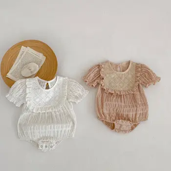 Летняя детская одежда 2023 года, Боди для девочек, Жаккардовый комбинезон с пышными рукавами, Цельный хлопковый комбинезон с цветочной вышивкой для маленьких девочек