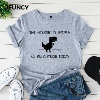 Летняя женская футболка JFUNCY из 100% хлопка, футболки с принтом Internet Broken, повседневная футболка с коротким рукавом, женские футболки, топы
