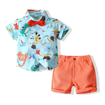 Летняя модная одежда для мальчиков из мягкого хлопка 2, 3, 4, 5, 6 лет, Рубашка с короткими рукавами и принтом динозавра, Шорты, детская повседневная одежда