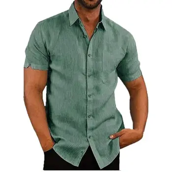 Летняя мужская одежда с лацканами, однотонная мужская льняная рубашка с короткими рукавами и пуговицами, мужской топ