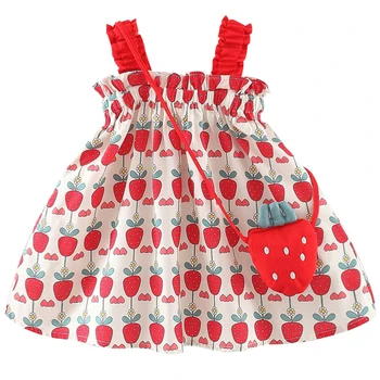 Летняя новинка из 2 предметов в платьях, Детская одежда, Корейское милое красное платье без рукавов клубничного цвета для новорожденных + сумка, комплект одежды для маленьких девочек BC566