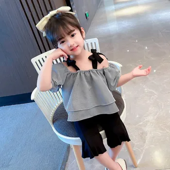 Летняя одежда для девочек без рукавов 2023, новая корейская версия, клетчатые топы и шорты, комплект из двух предметов, модный универсальный детский комплект