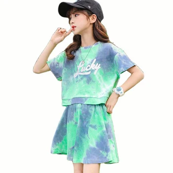 Летняя одежда для девочек, одежда для девочек с буквенным рисунком, футболка + юбка, комплект детской одежды для девочек, детский спортивный костюм в повседневном стиле